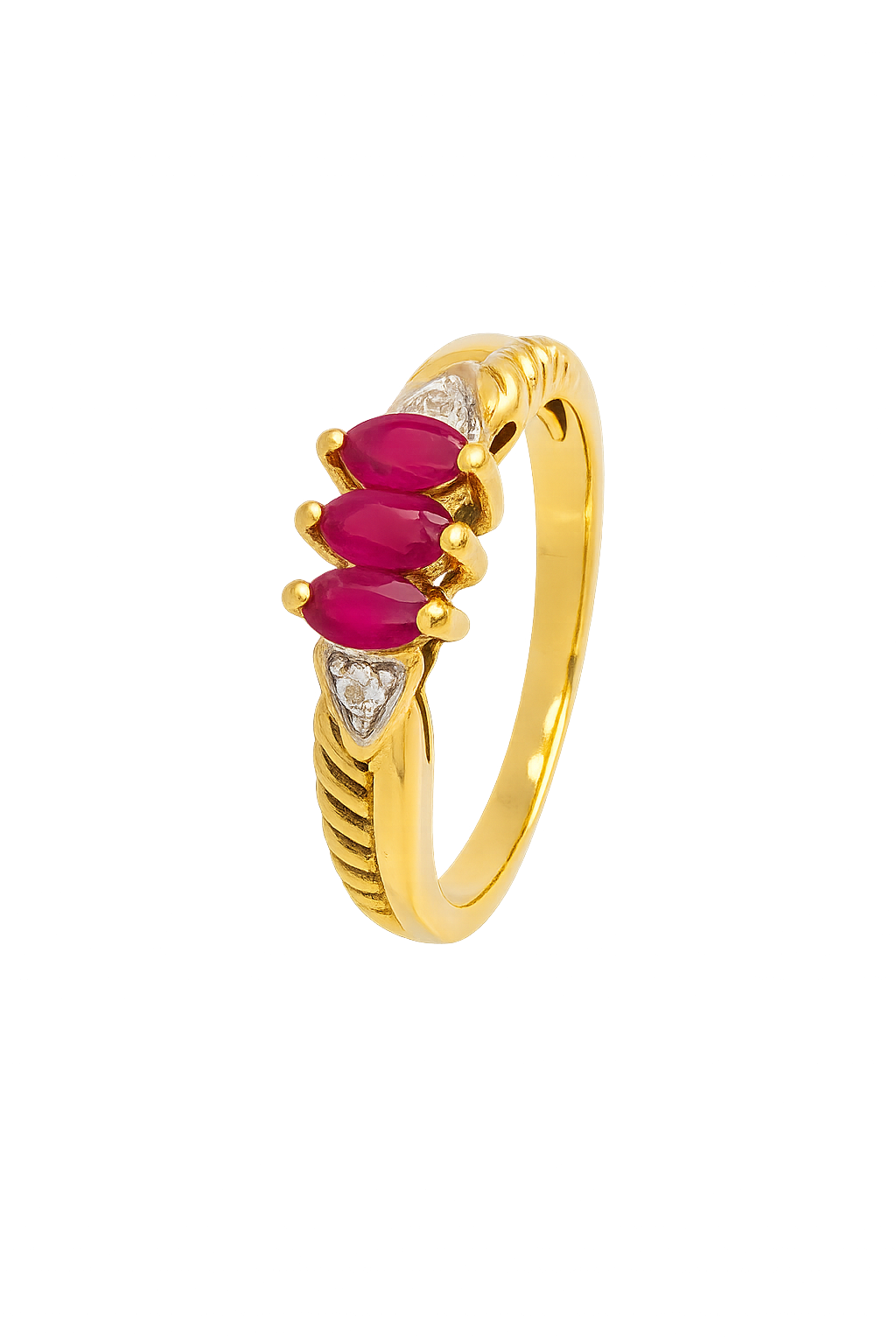 Vintage Yellow Gold  Ring setting with Three Rubies and two diamonds on side, 10k,R: 0.4ct, TDW:0.02ct