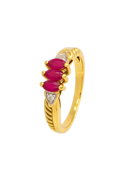 Vintage Yellow Gold  Ring setting with Three Rubies and two diamonds on side, 10k,R: 0.4ct, TDW:0.02ct