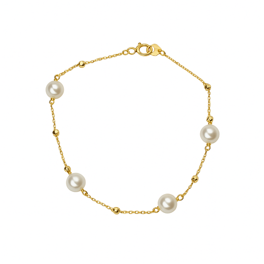 Yellow Gold Bead and Pearl Station Bracelet 18k 7inch
