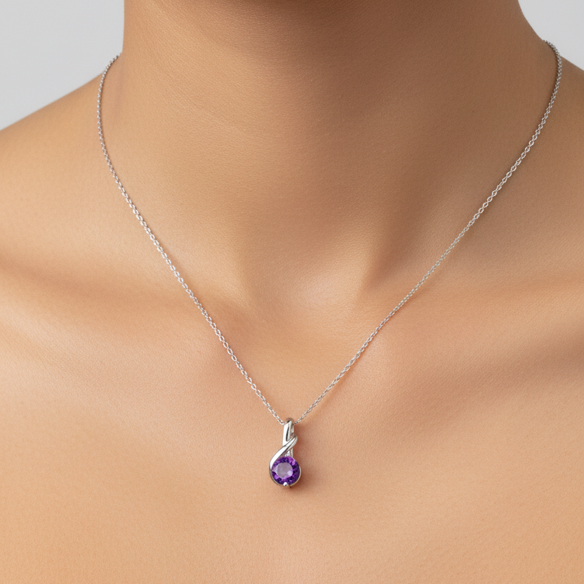 14K White Gold Amethyst Solitaire Pendant Necklace