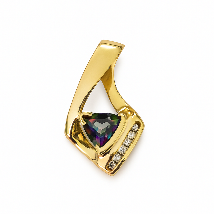 14K Yellow Gold Trillion Cut Mystic Topaz with Diamond Pendant