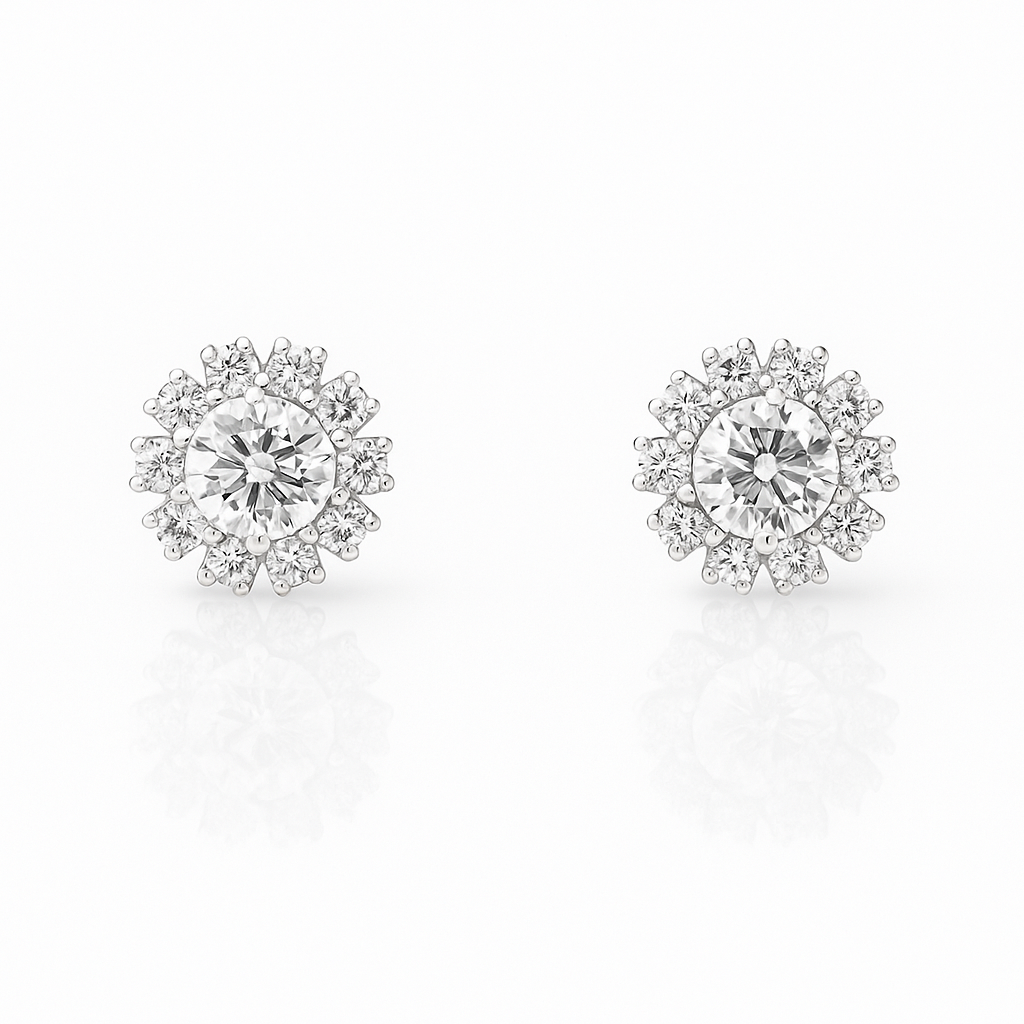 White Gold Cluster Design Diamond Stud Earrings, 18k, TDW:0.5ct, SI J, 1.53gr