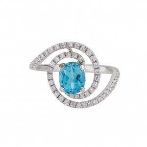 14K Ocean Aura Diamond Halo Ring with Blue Zirconia