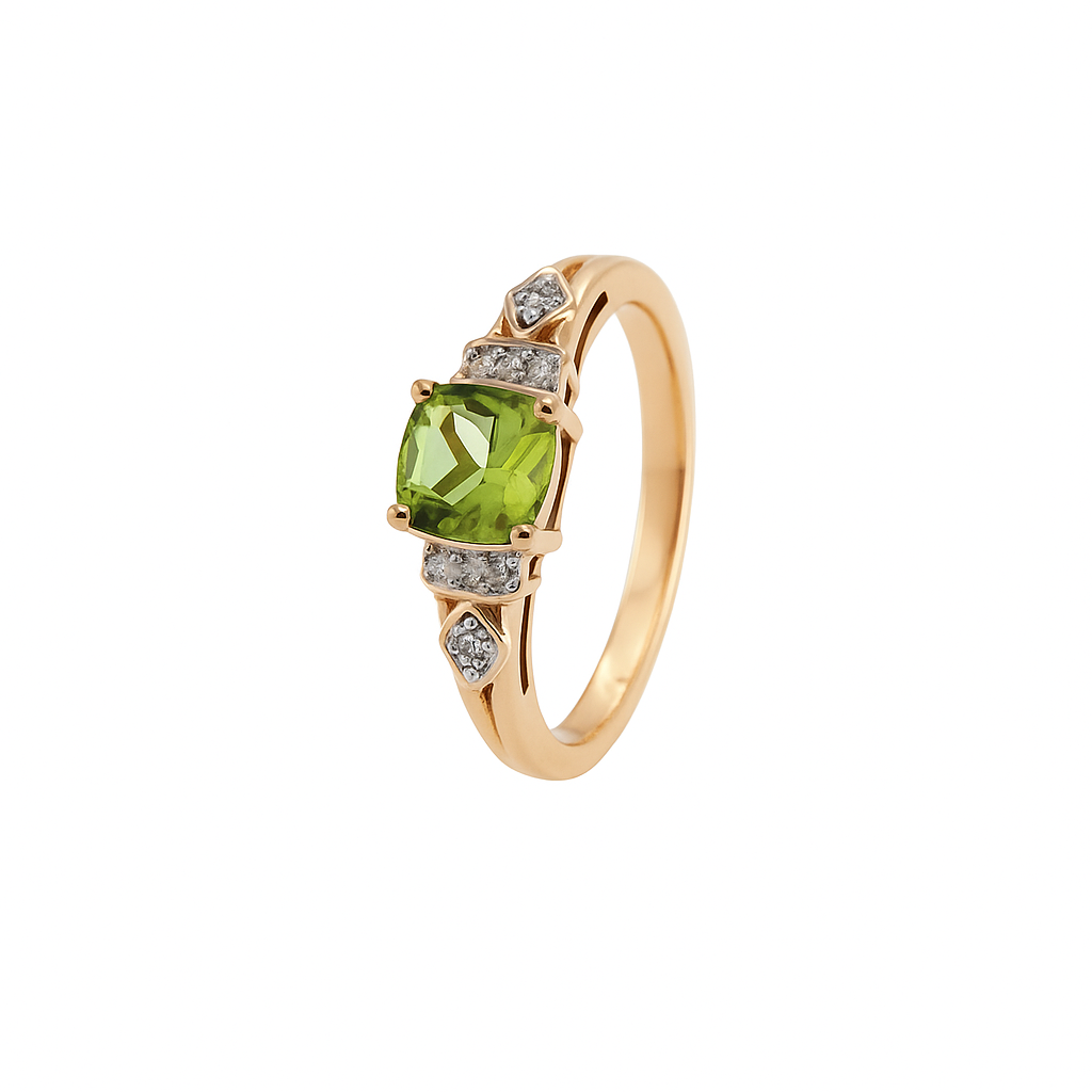 Yellow Gold Square Cushion Cut Peridot with Diamond Ring, 10k, P:0.92ct, TDW:0.03ct