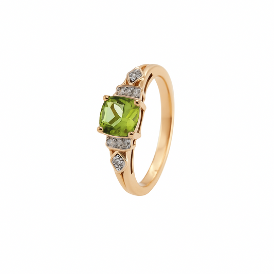 Yellow Gold Square Cushion Cut Peridot with Diamond Ring, 10k, P:0.92ct, TDW:0.03ct