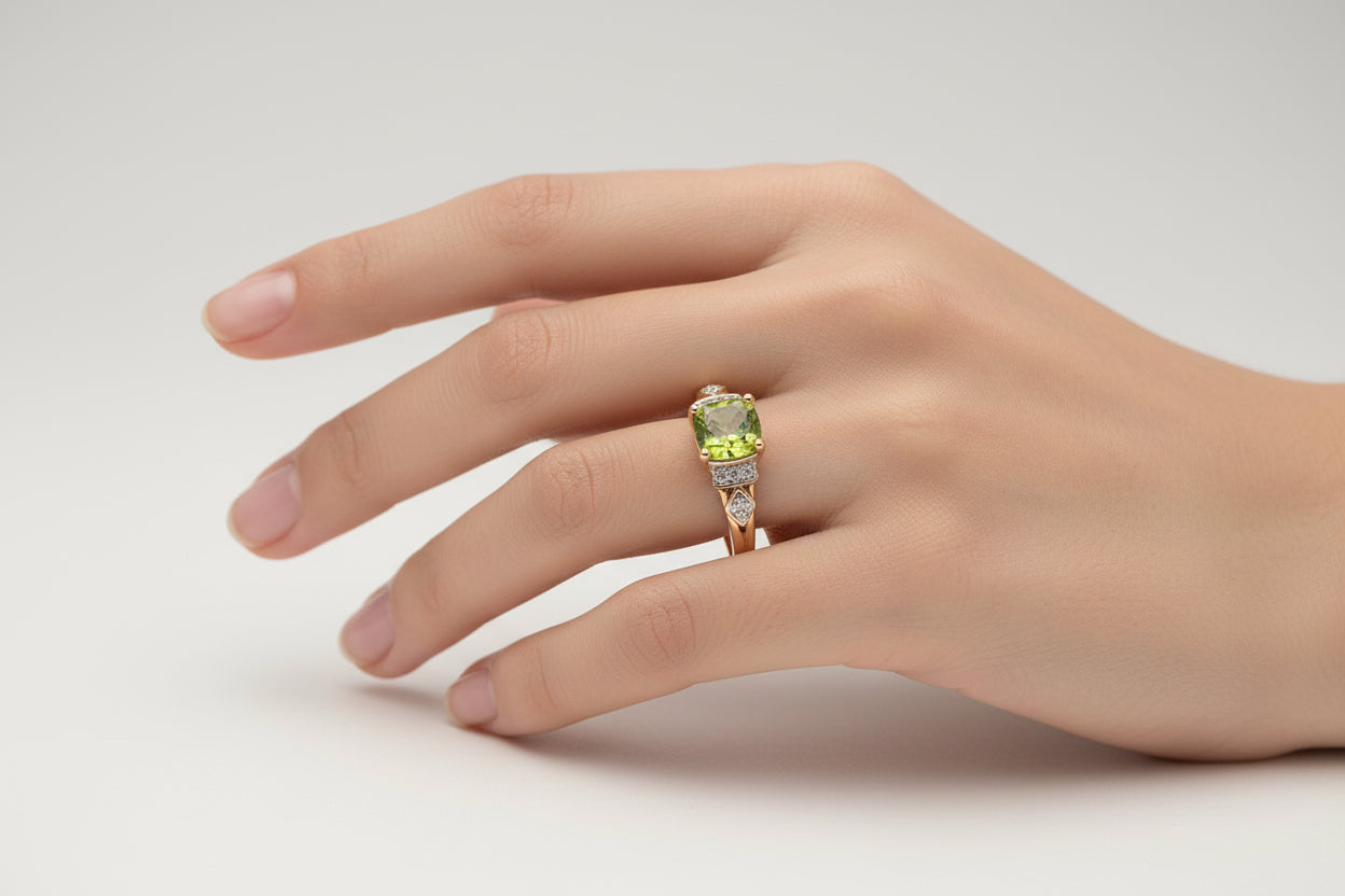 Yellow Gold Square Cushion Cut Peridot with Diamond Ring, 10k, P:0.92ct, TDW:0.03ct