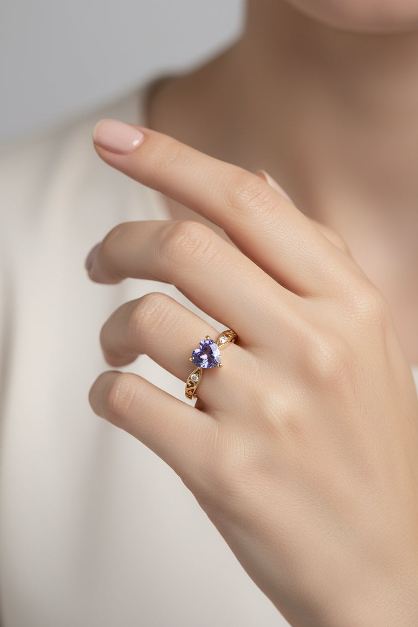 Yellow Gold Heart Shaped Tanzanite with Diamond Ring, 10k,T:0.34ct, TDW:0.02ct