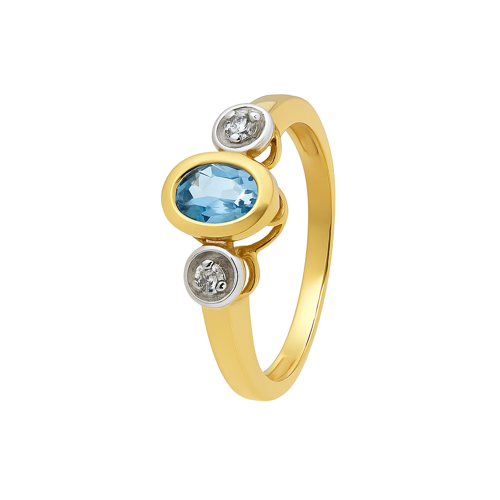 Two Tones Gold Ring Oval Blue Topaz and Diamonds,10k