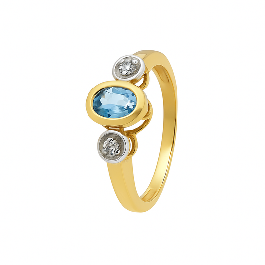 Two Tones Gold Ring Oval Blue Topaz and Diamonds,10k