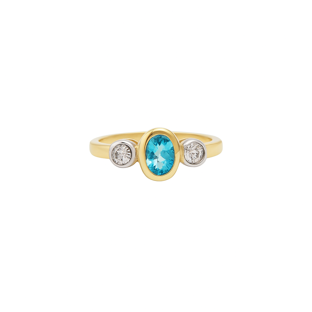 Two Tones Gold Ring Oval Blue Topaz and Diamonds,10k