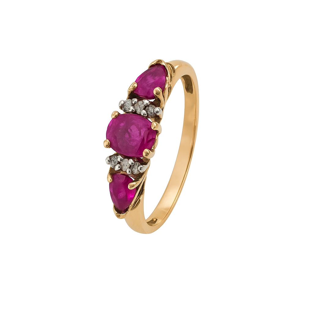Vintage Yellow Gold Oval and Teardrop Shaped Ruby with Diamond Ring, 10k, R:0.62ct, TDW:0.02ct