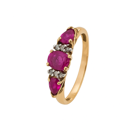 Vintage Yellow Gold Oval and Teardrop Shaped Ruby with Diamond Ring, 10k, R:0.62ct, TDW:0.02ct