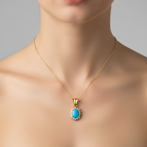 Yellow Gold Persian Turquoise Oval Pendant with CZ 18k, 4.5gr, T:2.5ct