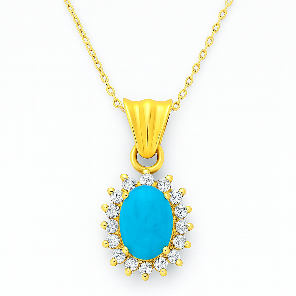 Yellow Gold Persian Turquoise Oval Pendant with CZ 18k, 4.5gr, T:2.5ct