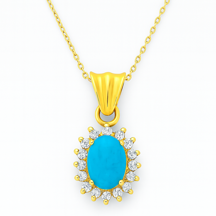 18K Yellow Gold Persian Turquoise Oval Pendant with CZ