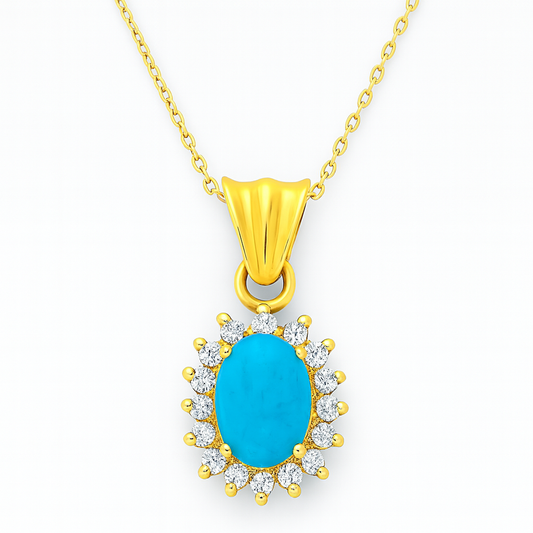 Yellow Gold Persian Turquoise Oval Pendant with CZ 18k, 4.5gr, T:2.5ct