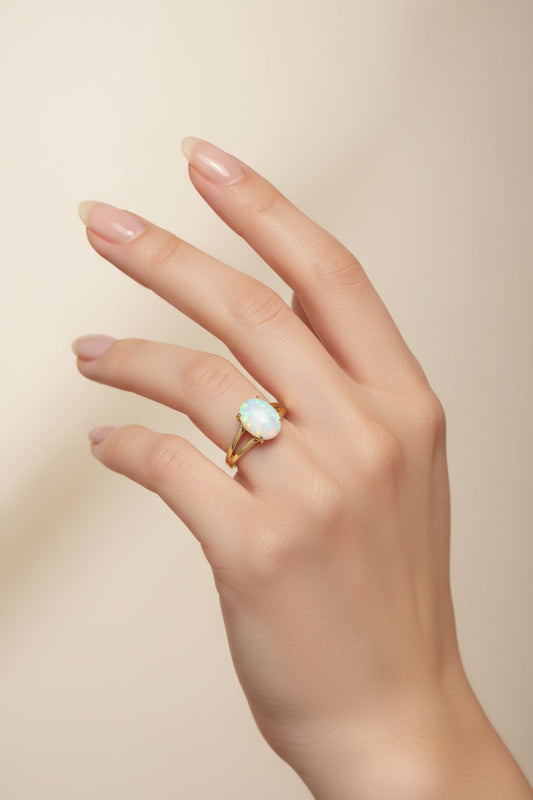 Yellow Gold Natural Opal Split Band Ring, 14k, O:0.3ct Size 7.5