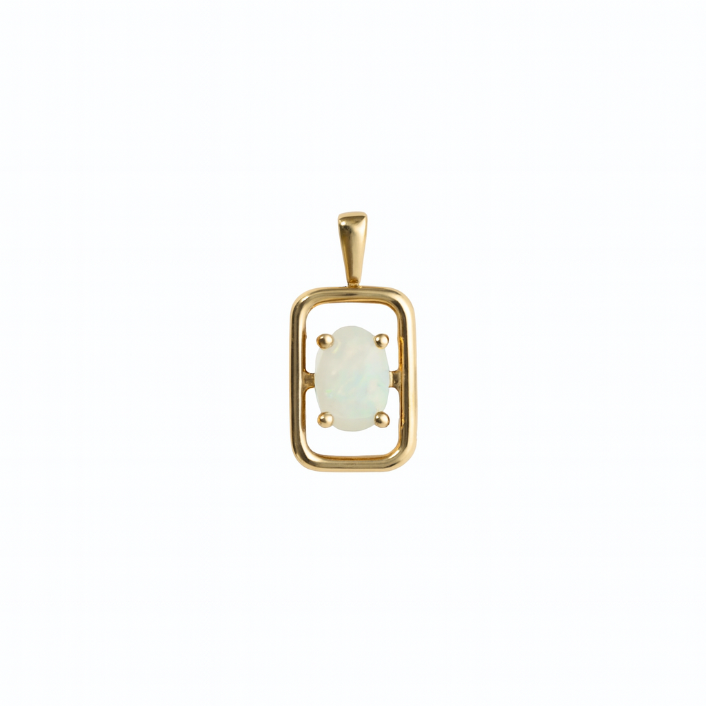 Yellow Gold Oval Opal Solitaire Pendant in a Rectangular Open Frame Design, 14k O:0.22ct