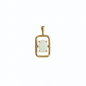 Yellow Gold Oval Opal Solitaire Pendant in a Rectangular Open Frame Design, 14k O:0.22ct