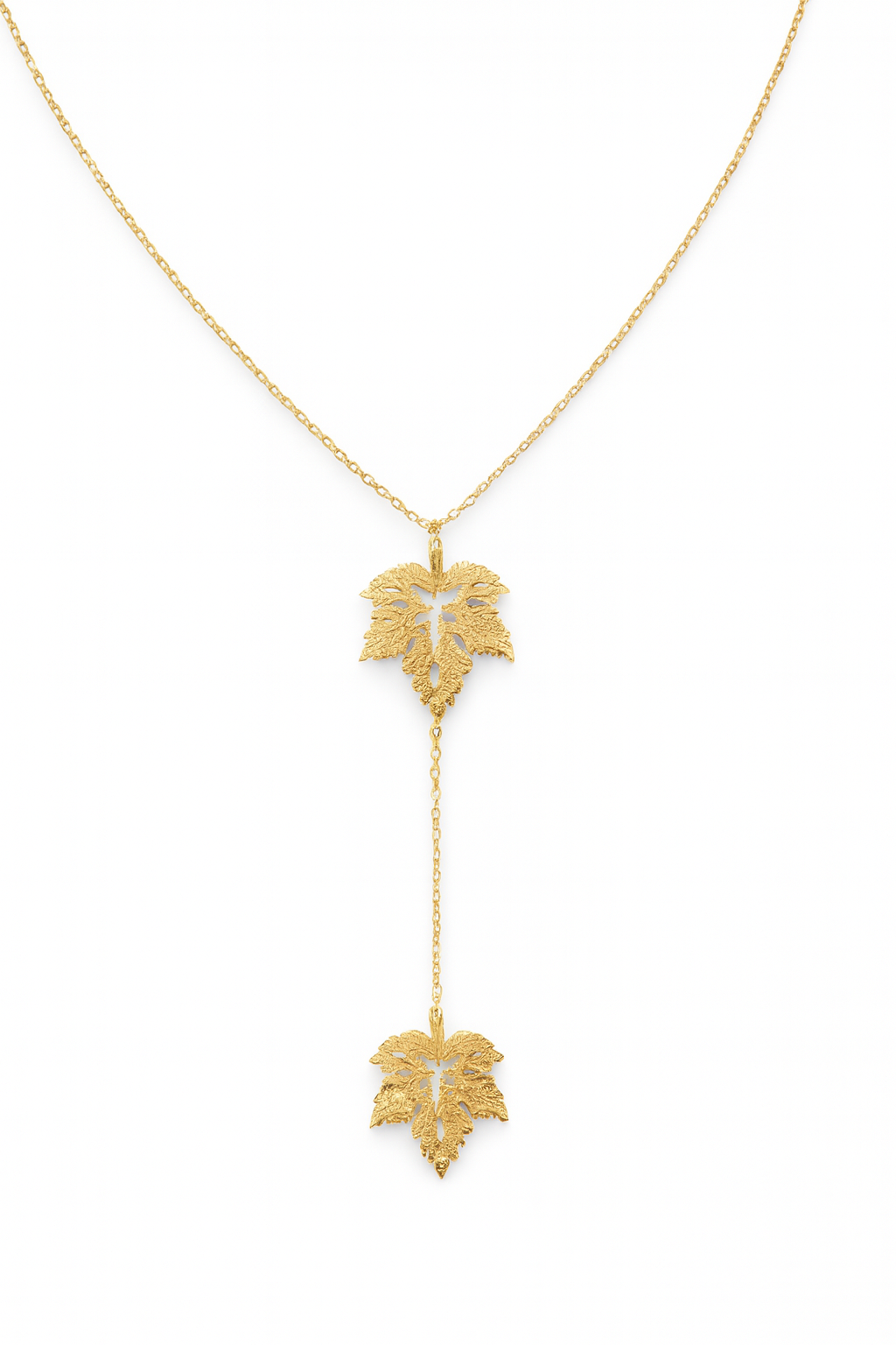 Yellow Gold Necklace Y shape with two leaves pendants, 14k