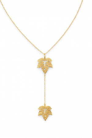 Yellow Gold Necklace Y shape with two leaves pendants, 14k