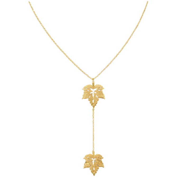 14K Yellow Gold Necklace Y-Shape with Two Leaves Pendants