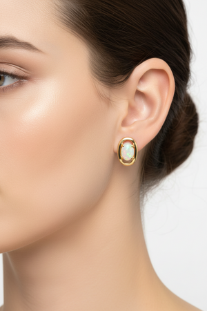 Yellow Gold Oval Opal Earrings. 10k
