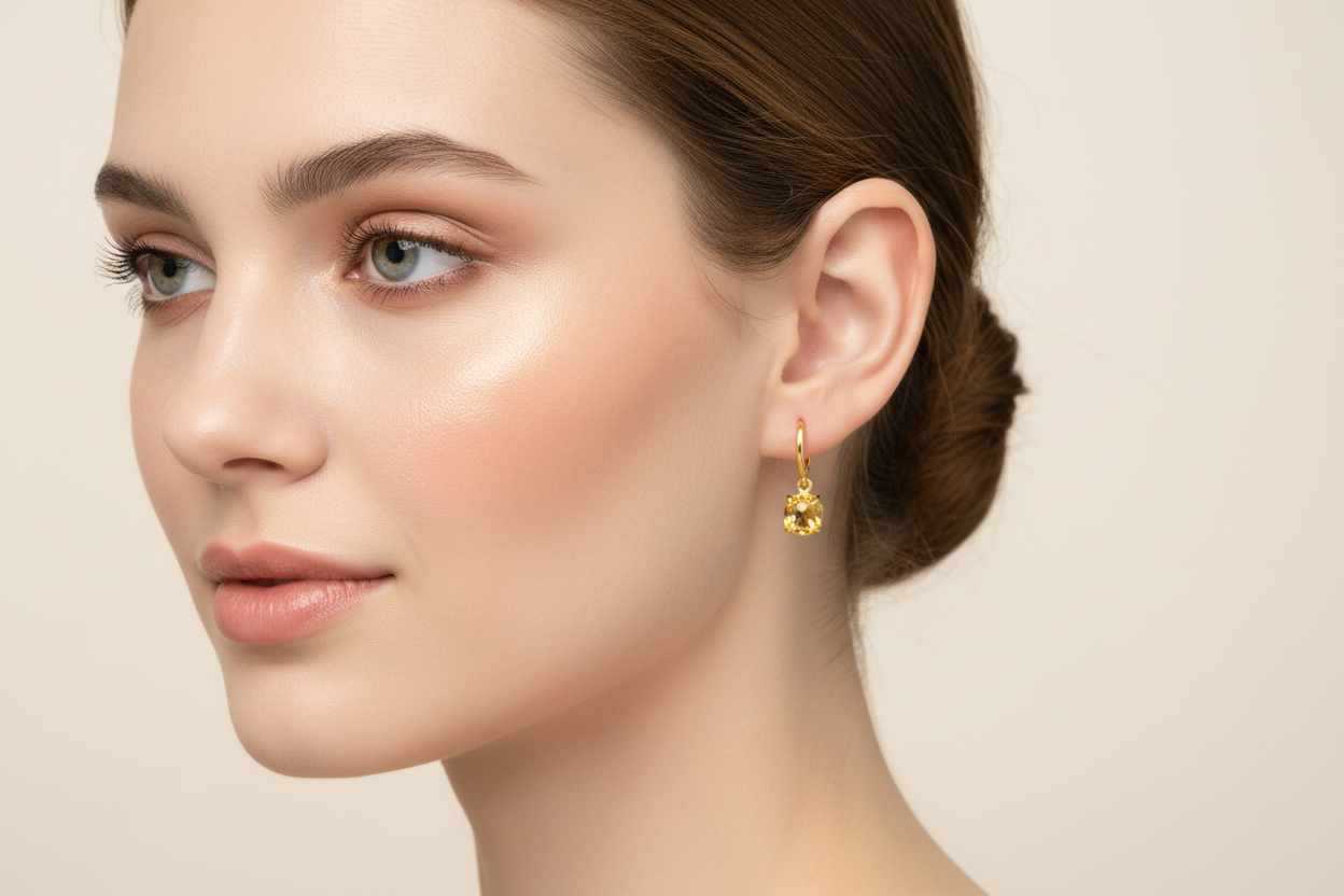 18K Yellow Gold Hoop Earring with Dangling with Champaign Color Cubic 1.88 gr