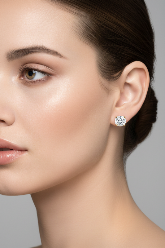 10K Yellow Gold Stud Earrings Round Swarovski 8mm