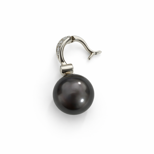 White Gold Large Tahitian Cultured  Black Pearl and Diamond Clip On Pendant. 18k,  P: 11.9mm. TDW: 0.15ct