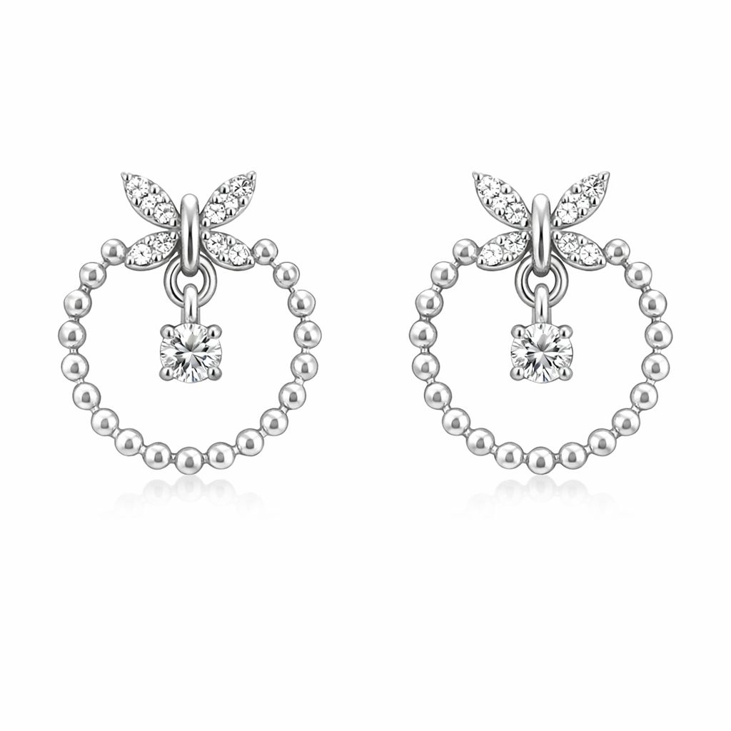 14K Hanging Butterfly in A Circle Style White Gold Diamond Earrings TDW:0.21ct