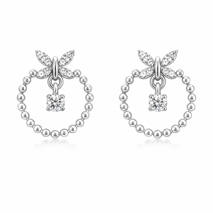 14K Hanging Butterfly in A Circle Style White Gold Diamond Earrings TDW:0.21ct