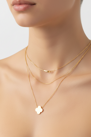 Yellow Gold Layered Necklace with double chain and a clover shaped pendant,  18k, 3.48gr, 18 inches