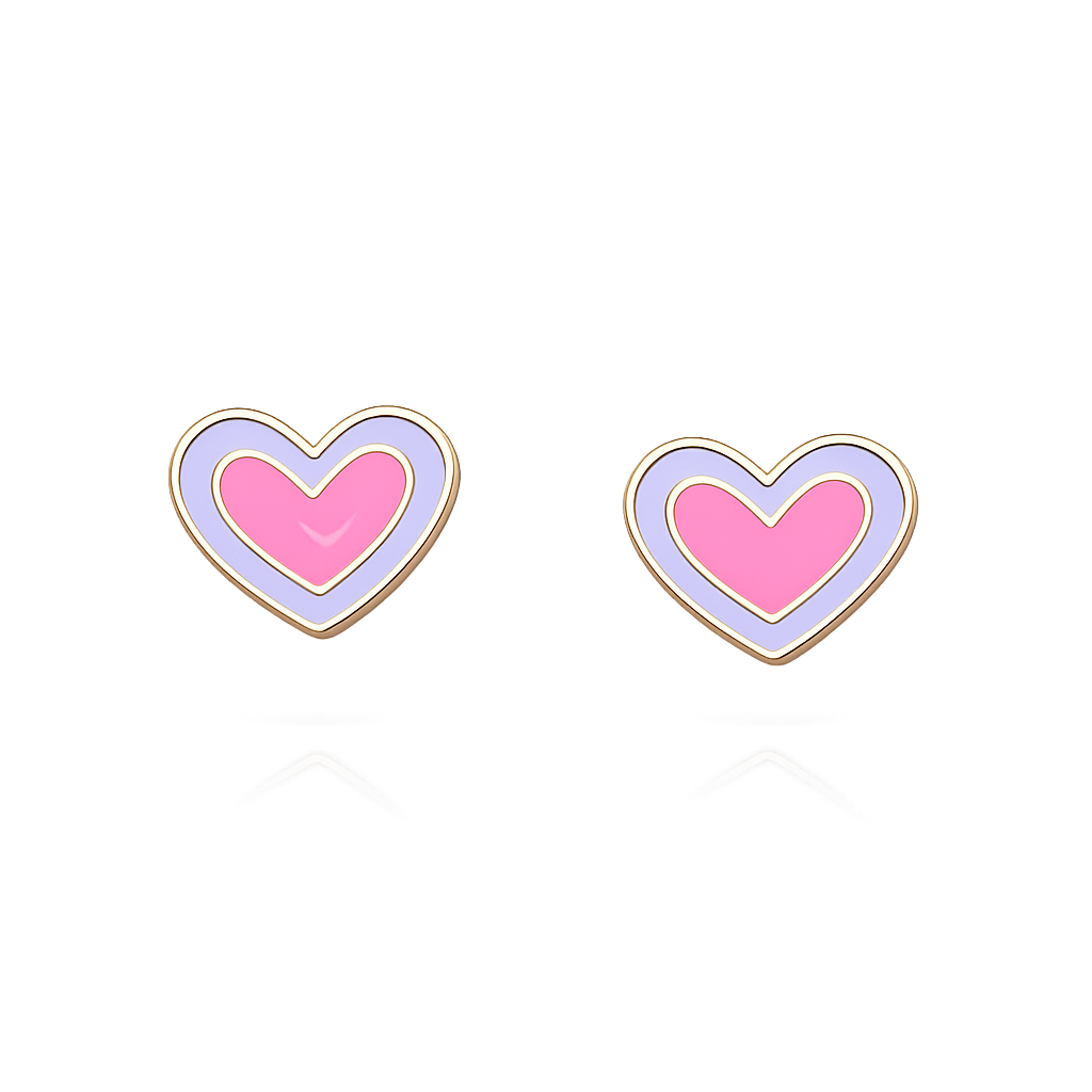 Yellow gold Heart Earrings with pink and purple Enamel. 18k 1.4gr