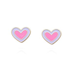 Yellow gold Heart Earrings with pink and purple Enamel. 18k 1.4gr