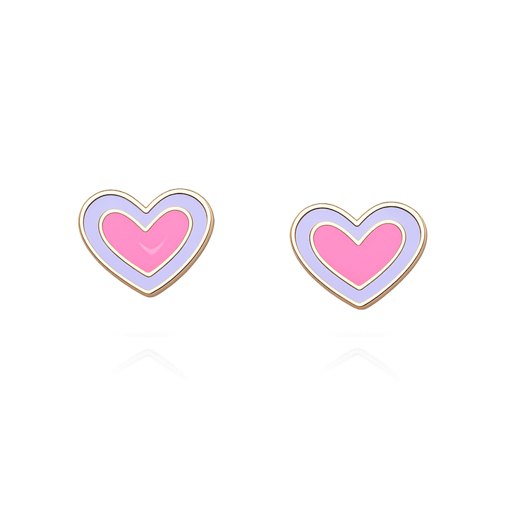 18K Yellow Gold Heart Earrings with pink and purple Enamel. 1.4gr