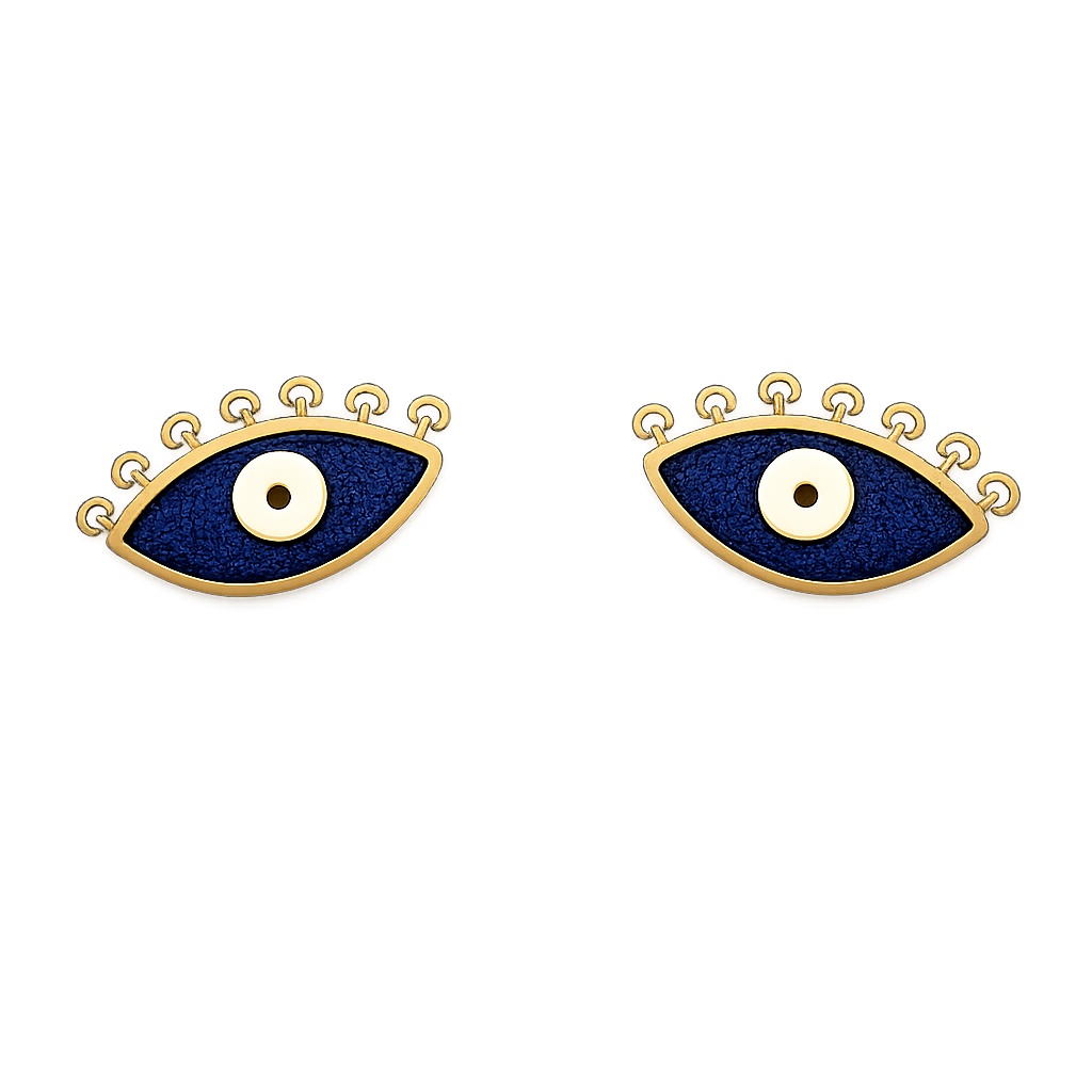 18K Yellow Gold Evil Eye Stud Earrings Blue Enamel
