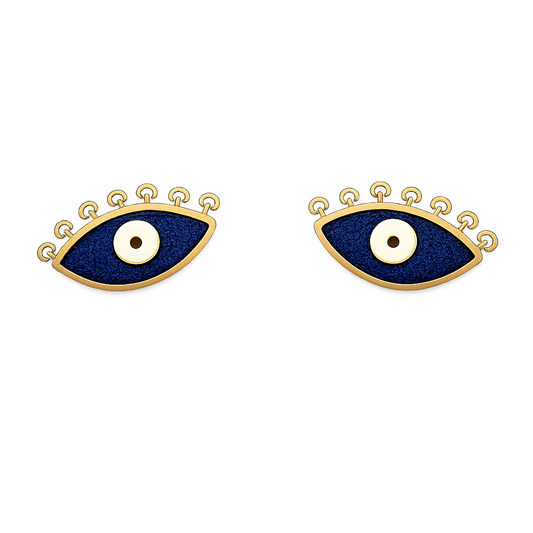 18K Yellow Gold Evil Eye Stud Earrings Blue Enamel