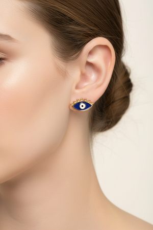 18K Yellow Gold Evil Eye Stud Earrings Blue Enamel