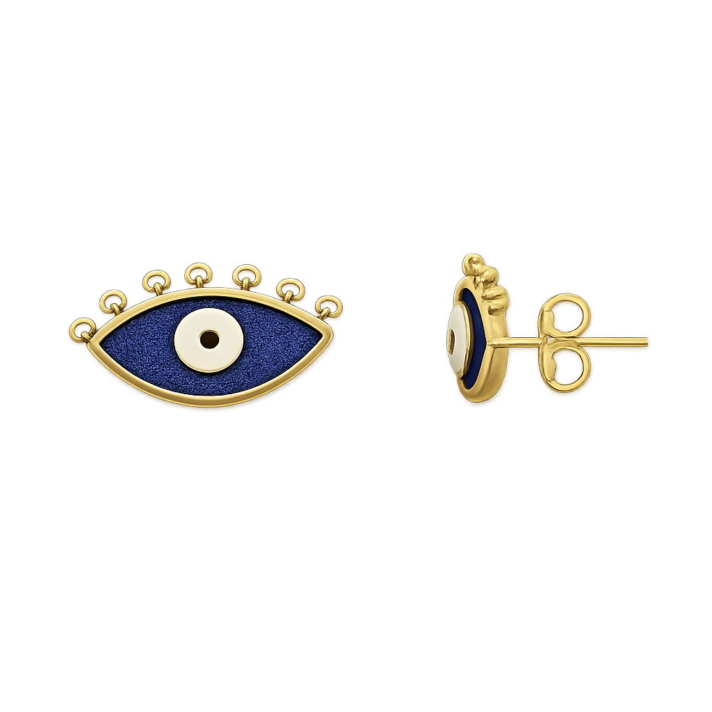 18K Yellow Gold Evil Eye Stud Earrings Blue Enamel