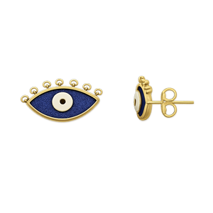 18K Yellow Gold Evil Eye Stud Earrings Blue Enamel