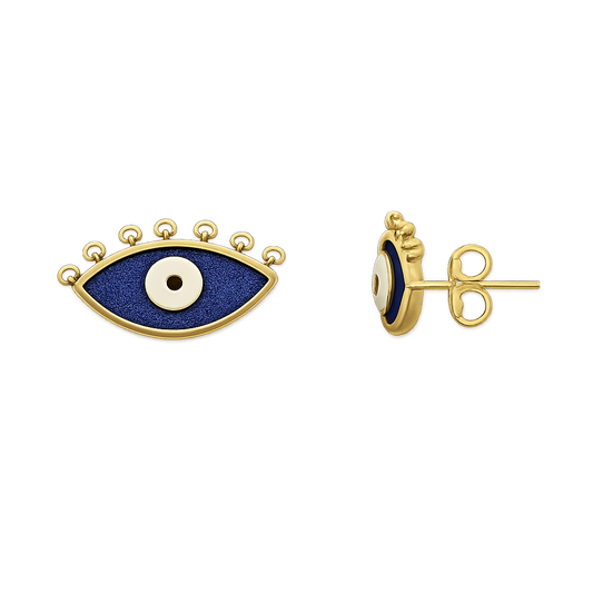 18K Yellow Gold Evil Eye Stud Earrings Blue Enamel