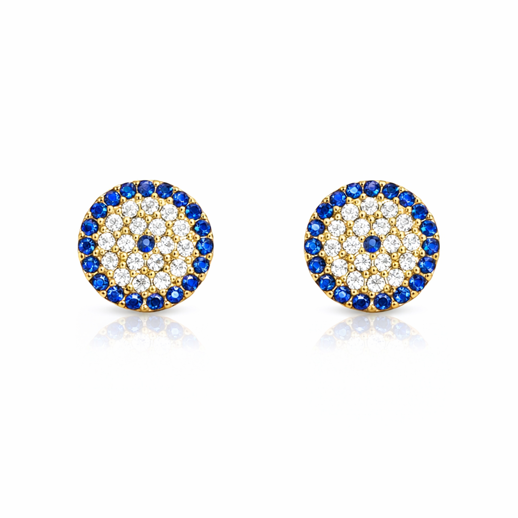 Yellow Gold circle Earring setting with blue and white Cubic Evil Eye style 18k , 2.3gr
