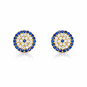 Yellow Gold circle Earring setting with blue and white Cubic Evil Eye style 18k , 2.3gr