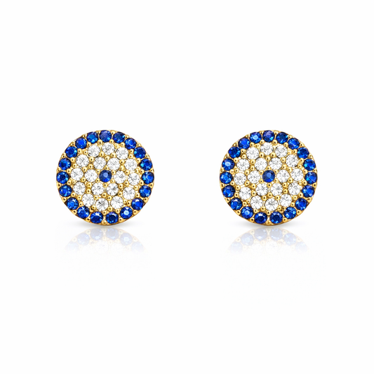 Yellow Gold circle Earring setting with blue and white Cubic Evil Eye style 18k , 2.3gr