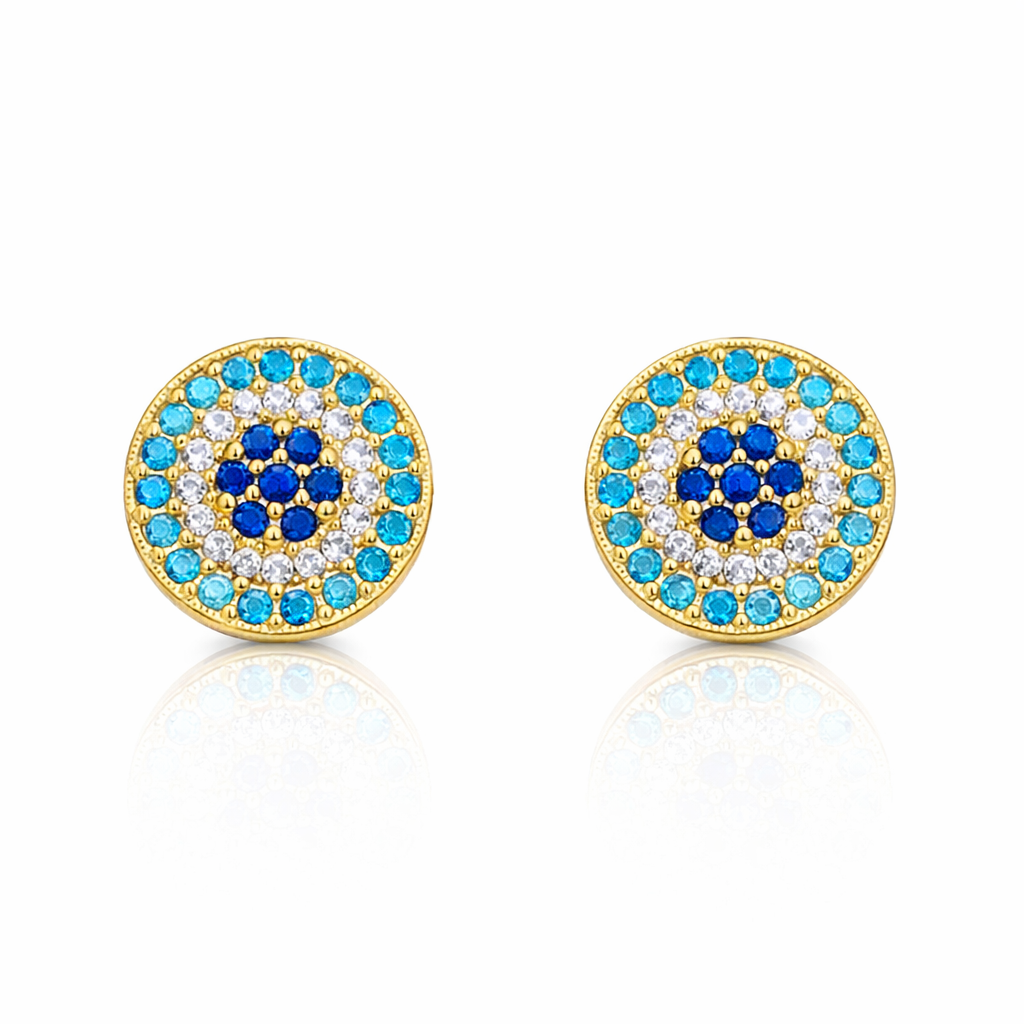 18K Yellow Gold Stud Earrings Evil Eye with Dark and Light Blue Cubic 2.15 gr