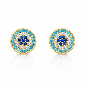 18K Yellow Gold Stud Earrings Evil Eye with Dark and Light Blue Cubic 2.15 gr