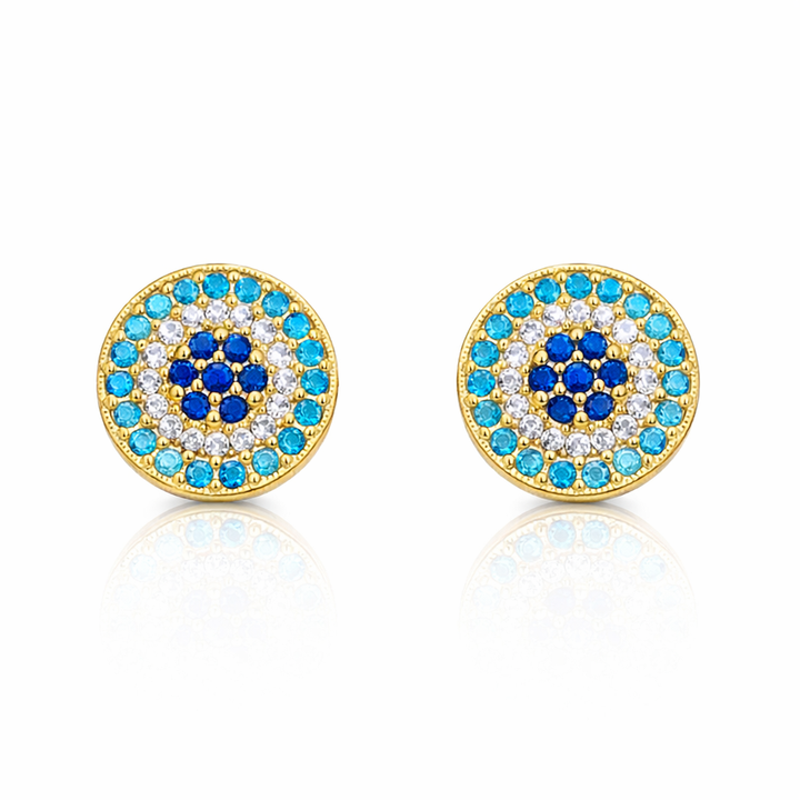 18K Yellow Gold Stud Earrings Evil Eye with Dark and Light Blue Cubic 2.15 gr