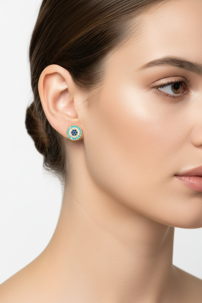 18K Yellow Gold Stud Earrings Evil Eye with Dark and Light Blue Cubic 2.15 gr