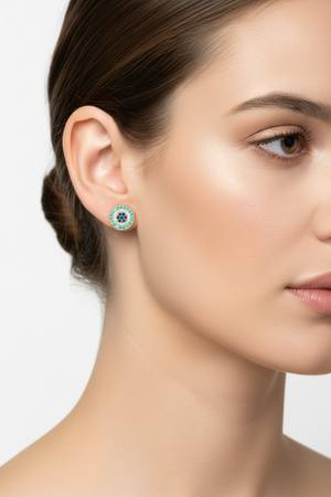 18K Yellow Gold Stud Earrings Evil Eye with Dark and Light Blue Cubic 2.15 gr
